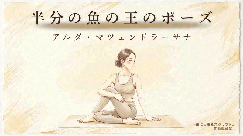 ヨガの半分の魚の王のポーズ（アルダ・マツェンドラーサナ）を描いた女性の水彩イラスト｜ポーズの形が分かるアイキャッチ図解