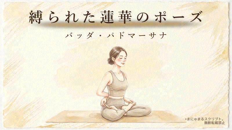 ヨガのバッダパドマーサナ(バッダ・パドマーサナ)を描いた女性の水彩イラスト|ポーズの形が分かるアイキャッチ図解