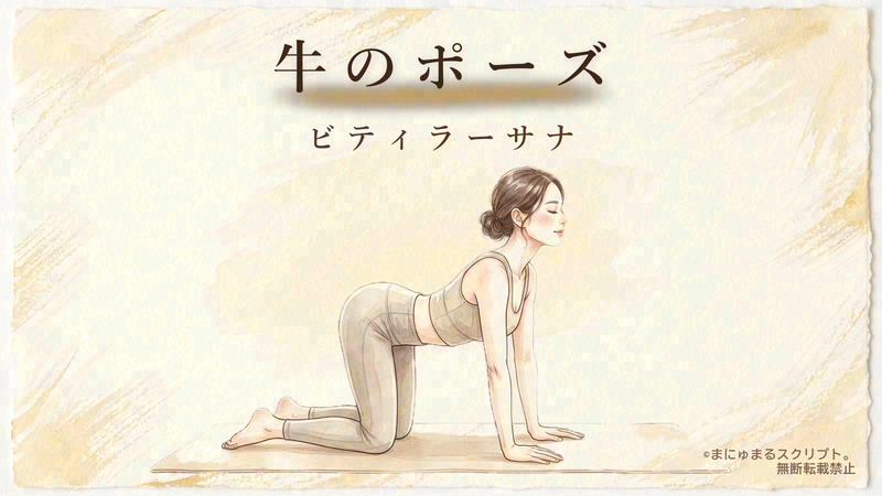 ヨガの牛のポーズ(ビティラーサナ)を描いた女性の水彩イラスト|ポーズの形が分かるアイキャッチ図解