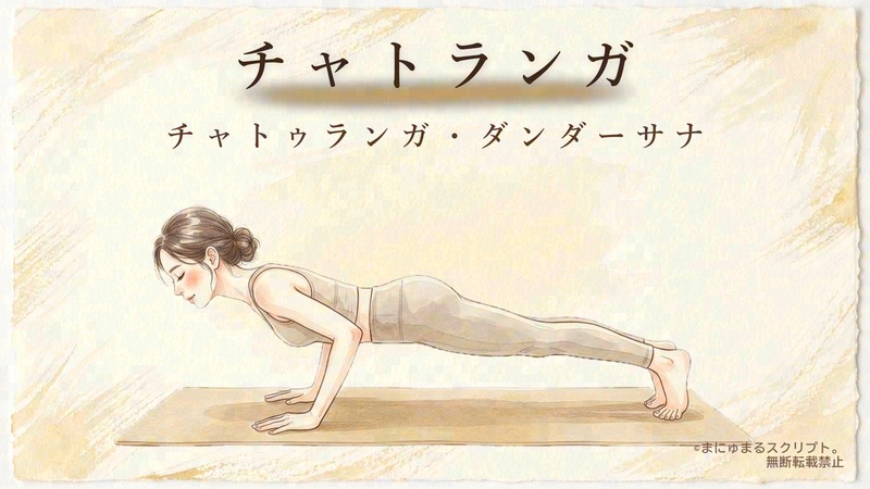 ヨガのチャトランガ（チャトゥランガ・ダンダーサナ）を描いた女性の水彩イラスト｜ポーズの形が分かるアイキャッチ図解