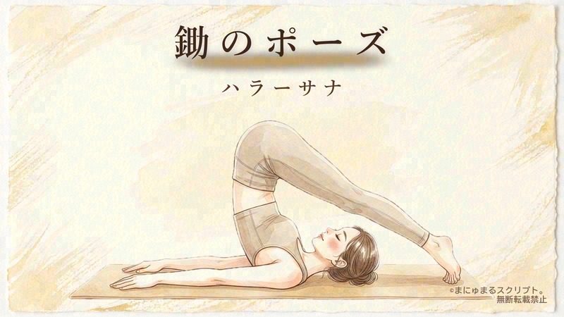 ヨガの鋤のポーズ（ハラーサナ）を描いた女性の水彩イラスト｜ポーズの形が分かるアイキャッチ図解