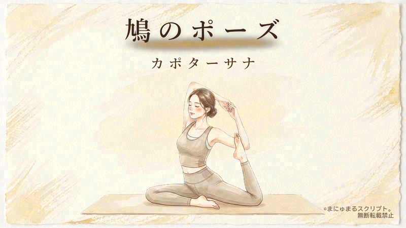 ヨガの鳩のポーズ（カポターサナ）を描いた女性の水彩イラスト｜ポーズの形が分かるアイキャッチ図解