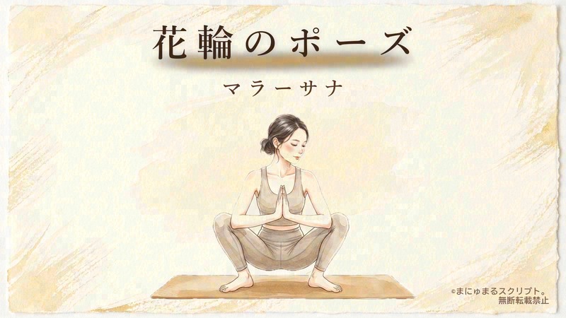ヨガの花輪のポーズ（マラーサナ）を描いた女性の水彩イラスト｜ポーズの形が分かるアイキャッチ図解