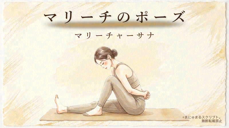 ヨガのマリーチアーサナ(マリーチャーサナ)を描いた女性の水彩イラスト|ポーズの形が分かるアイキャッチ図解