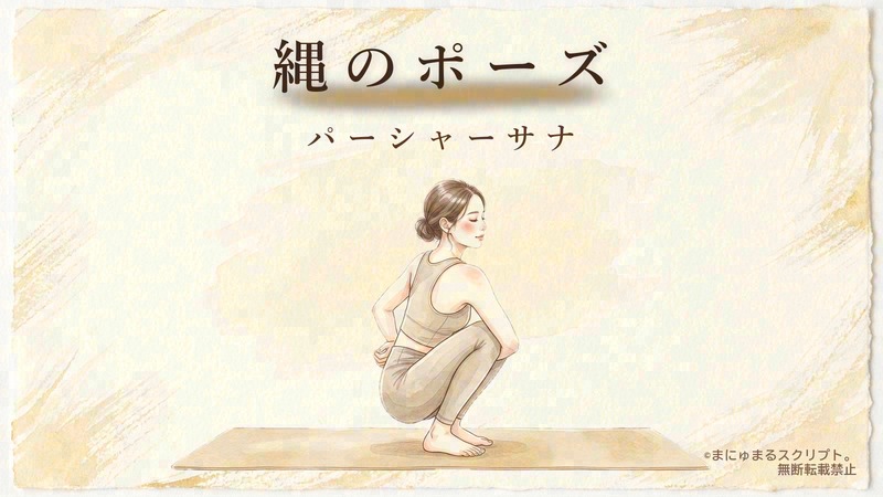 ヨガの縄のポーズ（パーシャーサナ）を描いた女性の水彩イラスト｜ポーズの形が分かるアイキャッチ図解