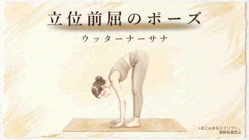 ヨガの立位前屈のポーズ（ウッターナーサナ）を描いた女性の水彩イラスト｜ポーズの形が分かるアイキャッチ図解