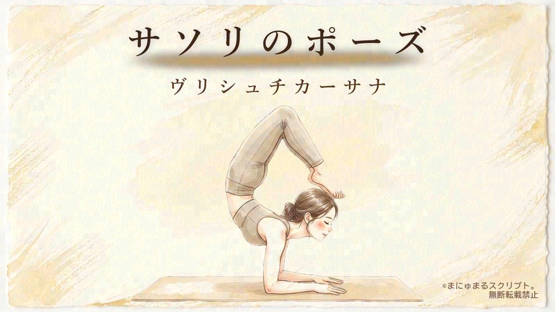 ヨガのサソリのポーズ（ヴリシュチカーサナ）を描いた女性の水彩イラスト｜ポーズの形が分かるアイキャッチ図解