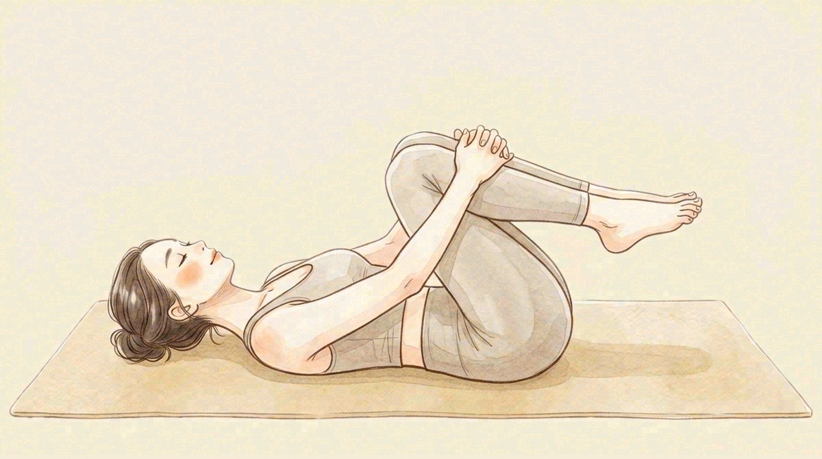 眠りのポーズの準備（仰向けで両ひざを胸に引き寄せる）を描いた女性の水彩イラスト