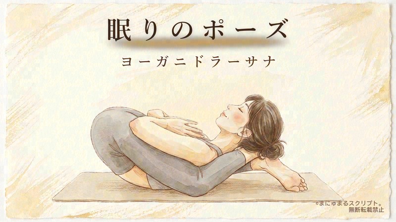 ヨガの眠りのポーズ（ヨーガニドラーサナ）を描いた女性の水彩イラスト｜ポーズの形が分かるアイキャッチ図解